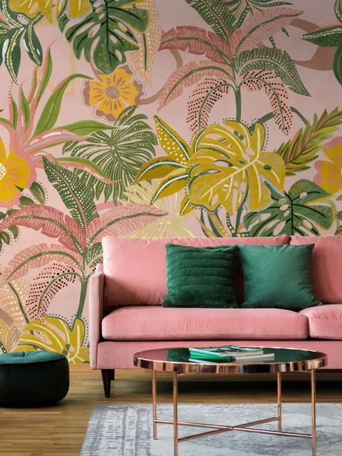 Papier peint panoramique aquarelle colorée, été, feuilles tropicales
