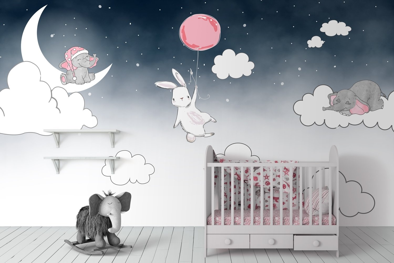 Cartoon Nightscape with Rabbit and Elephant Wallpaper Mural - Peel and Stick