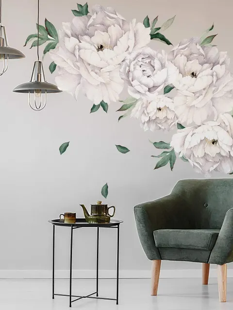White Peony Floral with Green Leaves Wall Decal Sticker