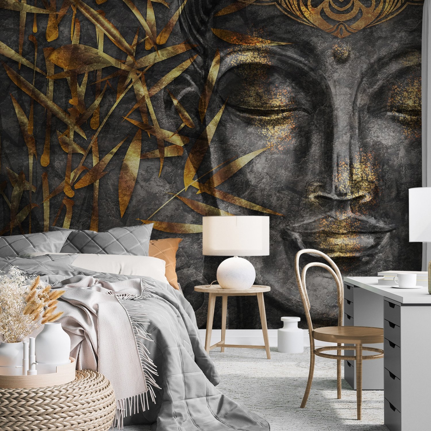 3D Look Concrete Buddha Face and Leaves Wallpaper Mural - Peel and Stick