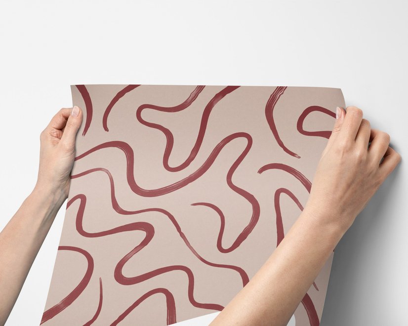 Burgundy-red looping contour lines on blush cream pink wallpaper mural
