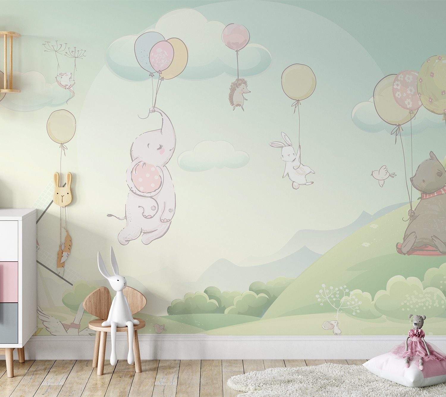 Animals Flying with Balloon Wallpaper Mural - Peel and Stick