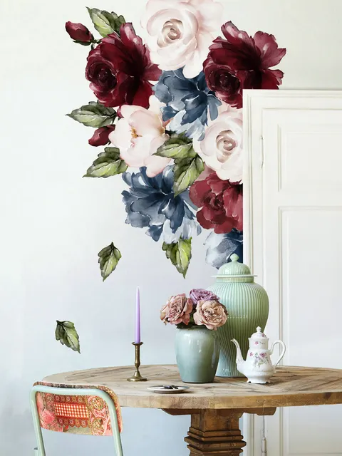 Dark Blue Red Peony Floral Bouqet Wall Decal Sticker