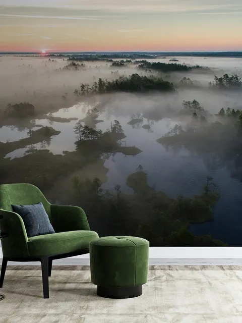 Foggy Rive Forest Landscape Wallpaper Mural