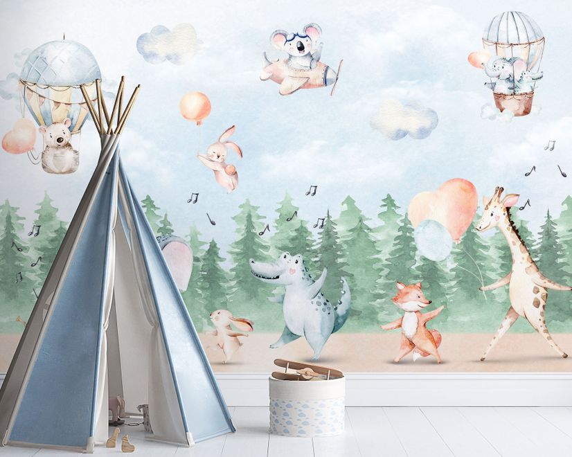 Kids Cute Animals Dancing in the Forest Wallpaper Mural