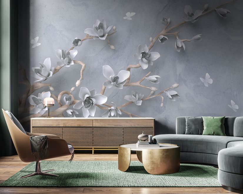 Artistic Magnolia Flowers and Branches Wallpaper Mural