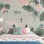 Papier peint fleur lotus rose cigogne blanche