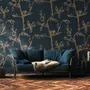 Gold Faux Tree Blossom Branch Silhouette with Birds Wallpaper Mural