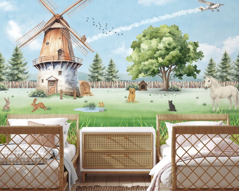 Cute Kids Windmill Farm Animals Wallpaper Mural