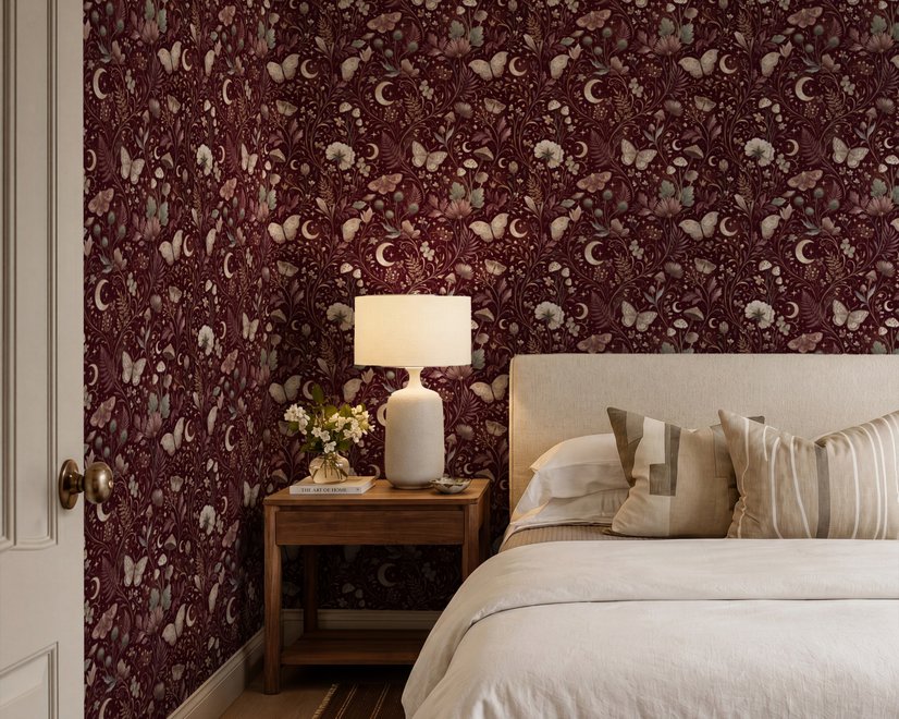 Pink butterflies wallpaper on a claret ground with cream flowers, moons, stars and spotted mushrooms.
