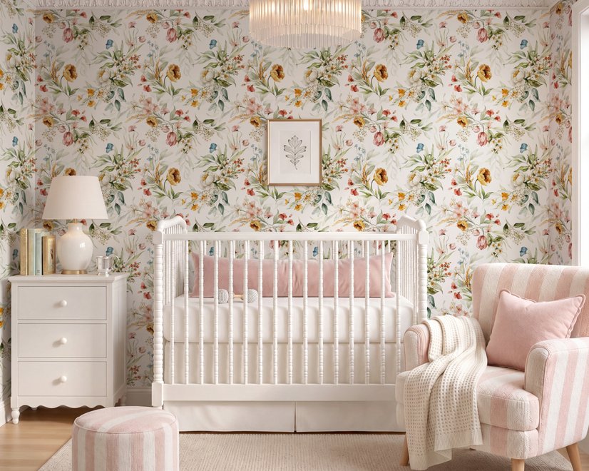 Watercolour floral wallpaper with sage leaves, blush and ochre flowers on a white ground