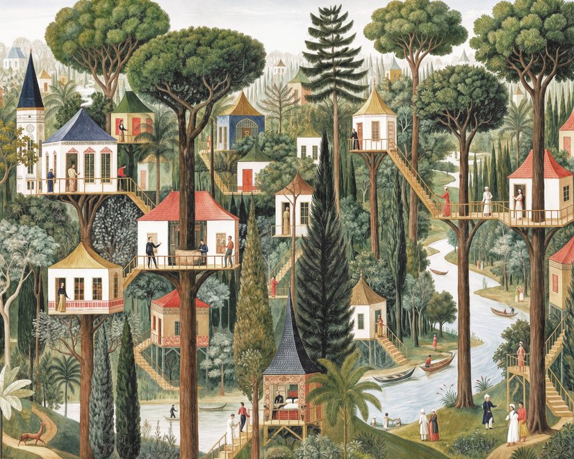 Architectural design wallpaper mural of forest treehouses, rivers, boats and small figures in green watercolour