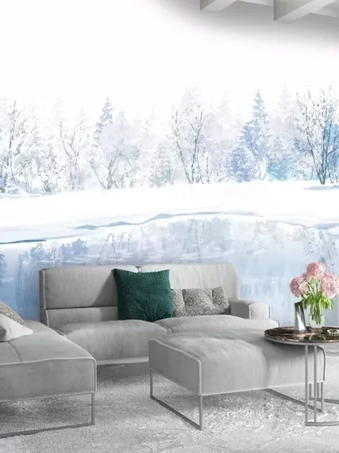 Watercolor Winter Landscape and Lake Wallpaper Mural