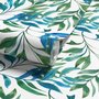Dark olive green wallpaper with teal and cobalt watercolour lance leaves on a white ground