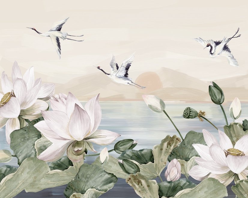 Papier peint lotus blanc oiseaux grue
