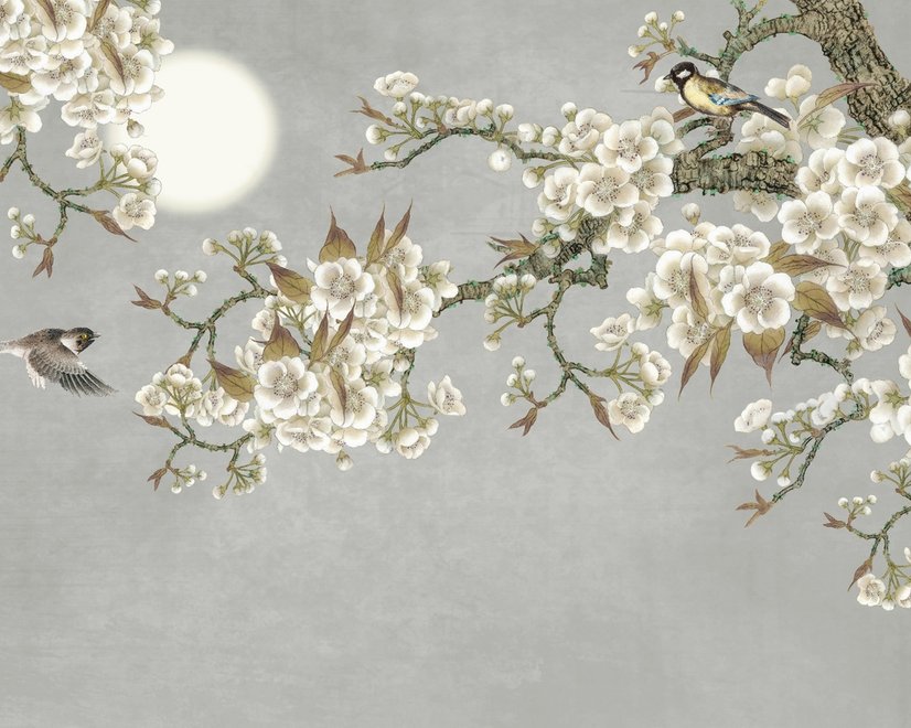 Papier peint panoramique blanc fleur de prunier
