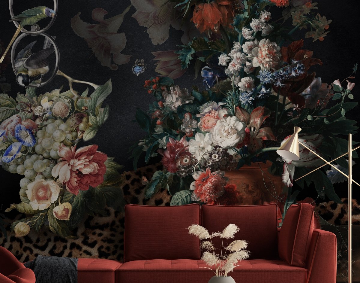 Dark Dutch Floral Bouquet with Birds Wallpaper Mural - Peel and Stick