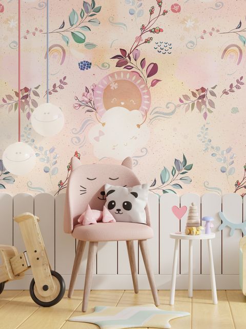 Niedliche Wolken mit Blättern Fototapete für das Kinderzimmer