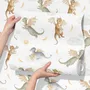 Kids wallpaper with sage, caramel and blue-gray watercolor dragons, clouds, sun and stars on white