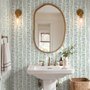 Blue floral stripe wallpaper with pale sky-blue bell flowers, green vines and sage bands on white