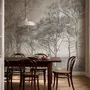 Coastal woodland wallpaper mural with grey trees, sandy path, sea horizon and small white sailboats
