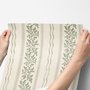 Green aesthetic wallpaper with sage leafy sprigs, fine vertical rules and dotted borders on cream ivory