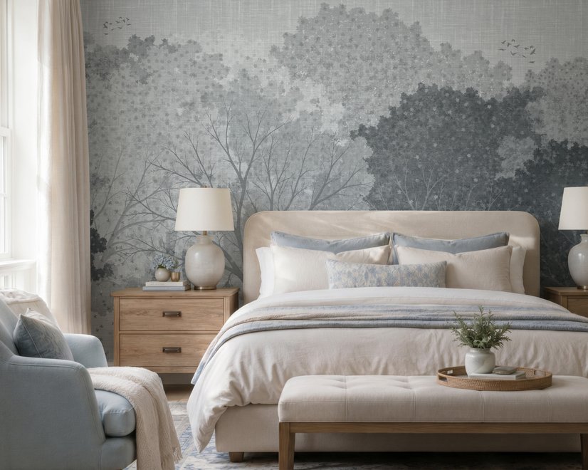 Light gray wallpaper mural with misty forest trees, falling leaves and birds
