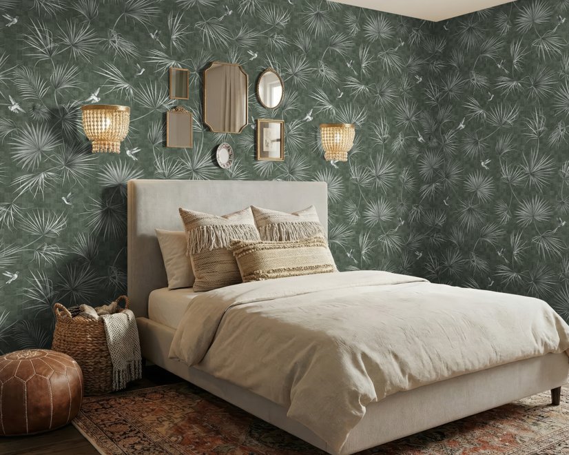 Tropical Palm Leaf and Birds Wallpaper Mural