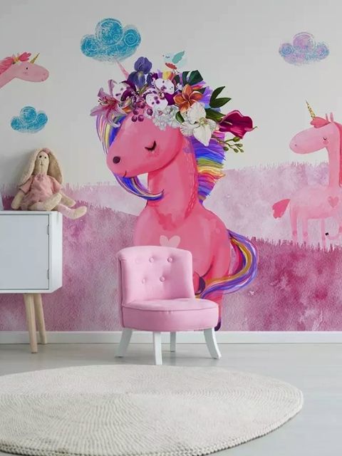 Papier peint panoramique licorne rose dessin animé