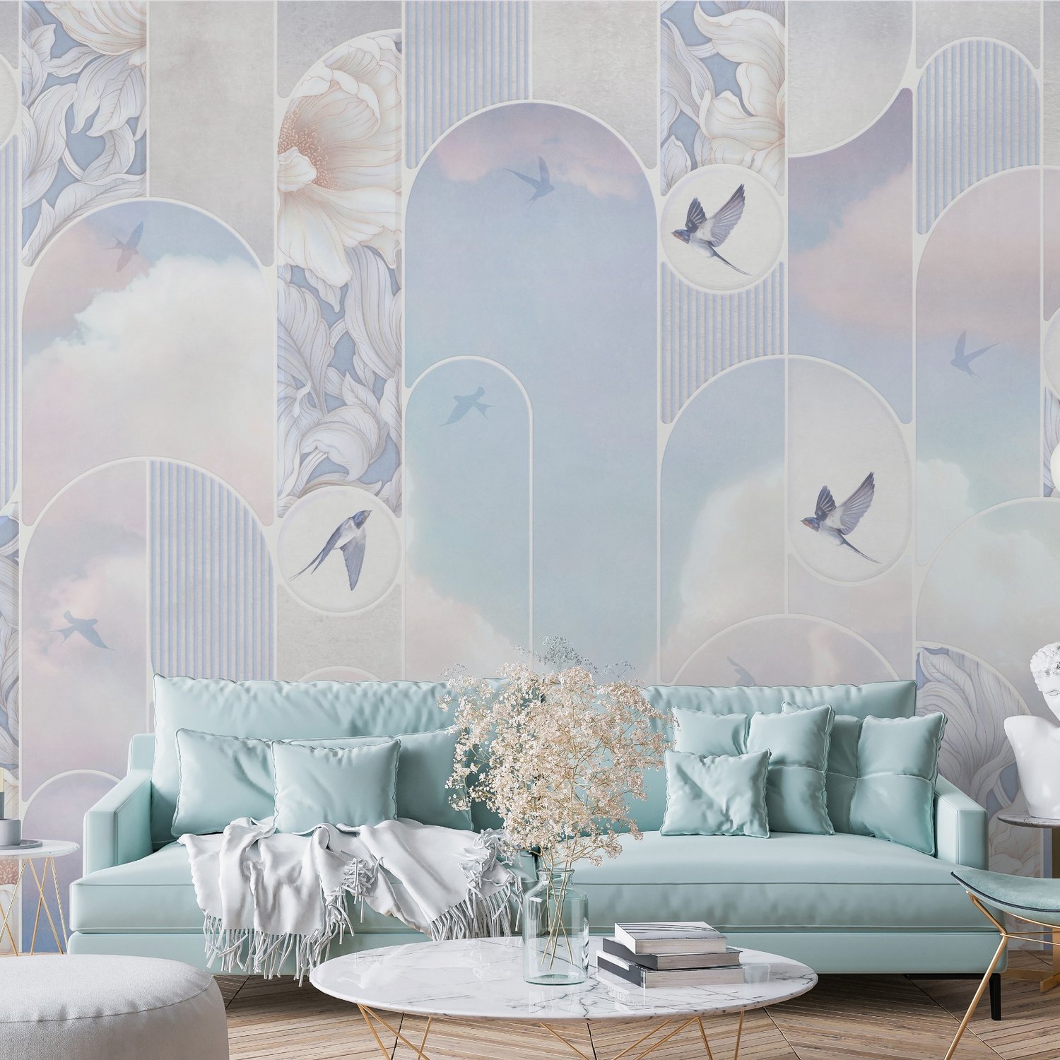Dreamy Floral and Birds Wallpaper Mural - Peel and Stick