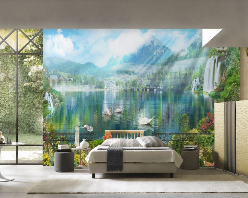 Waterfall and White Swan with Garden Flowers Landscape Wallpaper Mural