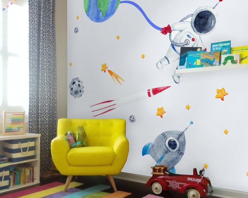 Stickers muraux espace aquarelle astronaute terre enfants