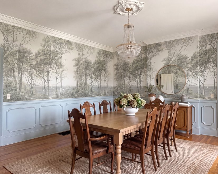Coastal woodland wallpaper mural with grey trees, sandy path, sea horizon and small white sailboats