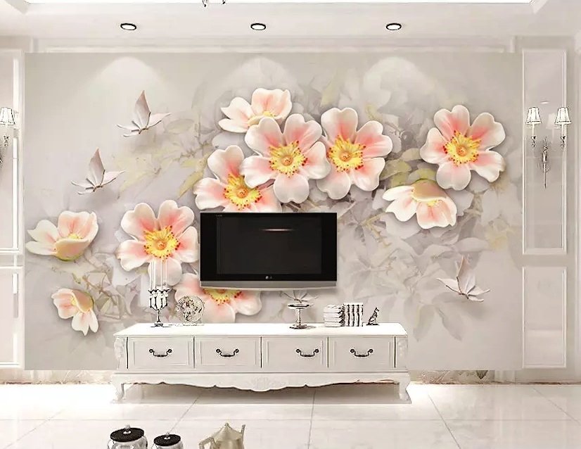 Papier peint panoramique fleurs roses et papillons blancs