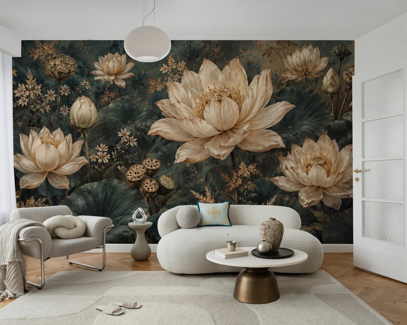Ivory lotus flowers and seed pods on charcoal teal lily pads in a botanical lotus wallpaper mural