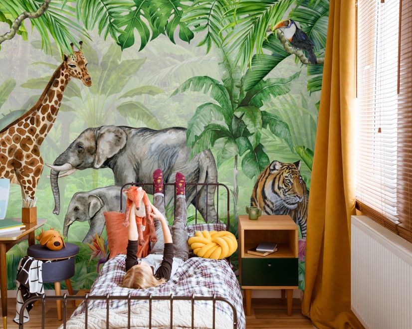 Kids Safari Watercolor Tropical  Forest Jungle Animals Wallpaper Mural