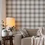 Neutral beige and brown plaid wallpaper with cream squares, taupe woven blocks and fine dark brown lines
