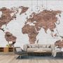 Papier peint panoramique mural cartes du monde en briques blanches et marron