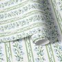 Blue floral stripe wallpaper with pale sky-blue bell flowers, green vines and sage bands on white