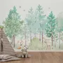 Aquarell Grüner Wald mit niedlichem Fuchs, Igel und Elch Fototapete