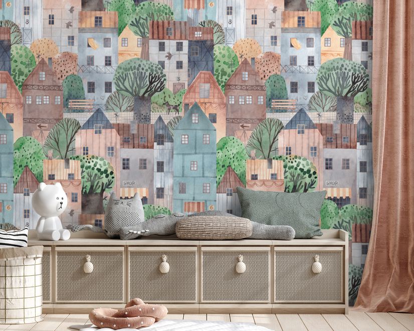 Kids Small Town Cute Watercolor House Wallpaper Mural