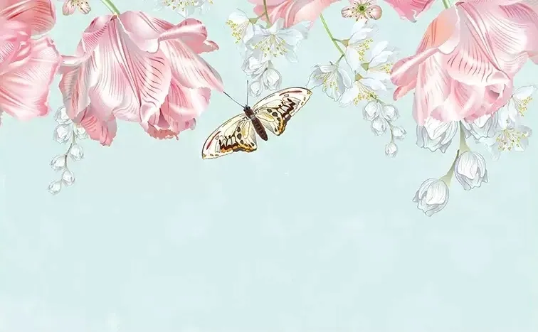 Pink Floral and Yellow Butterfly Wallpaper Mural