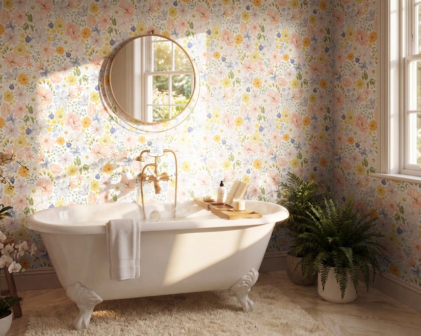 Spring floral wallpaper with pastel watercolour flowers and sage leaves on a clean white ground