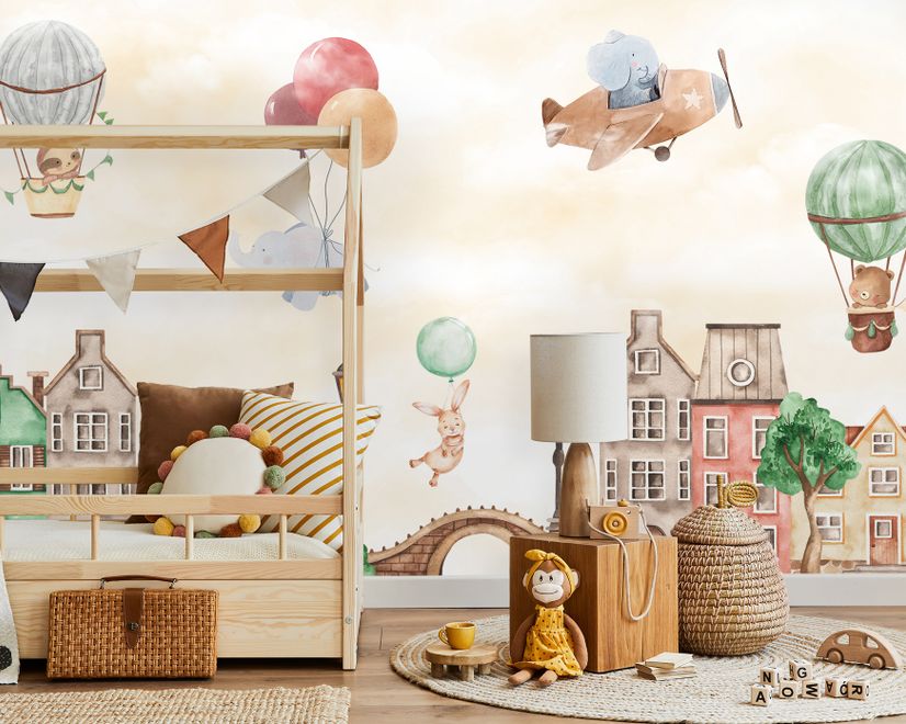 Watercolor Cute Houses with Flying Animals Wallpaper Mural for Kids