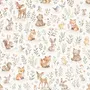 Woodland nursery wallpaper pattern with watercolour fawns, fox cubs, rabbits, teddy bears, birds and ducklings on cream
