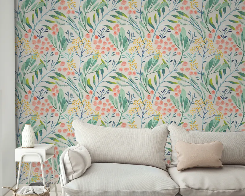 Watercolor Vintage Florals with Botanical Leaves Wallpaper Mural