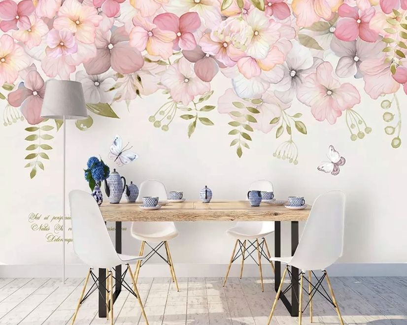 Papier peint panoramique floral hortensia rose