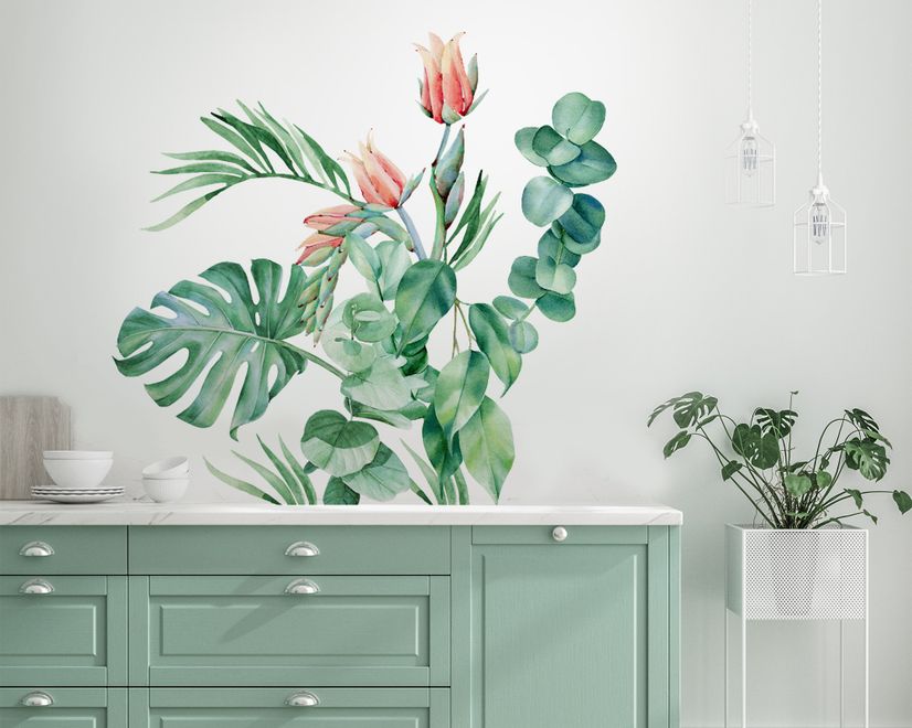 Tropical Leaf with Eucalyptus Wall Decal Sticker