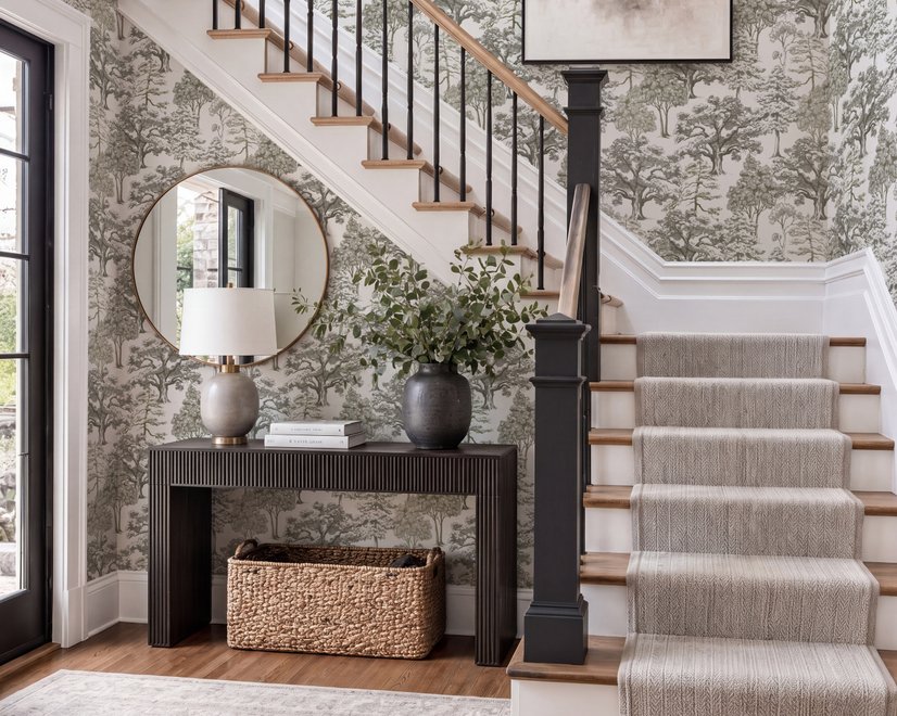 Monochrome wallpaper with grey tree toile on a clean white ground
