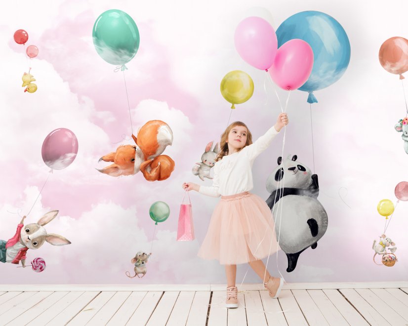 Cute Flying Panda & Animals Kids Nursery Wallpaper Mural